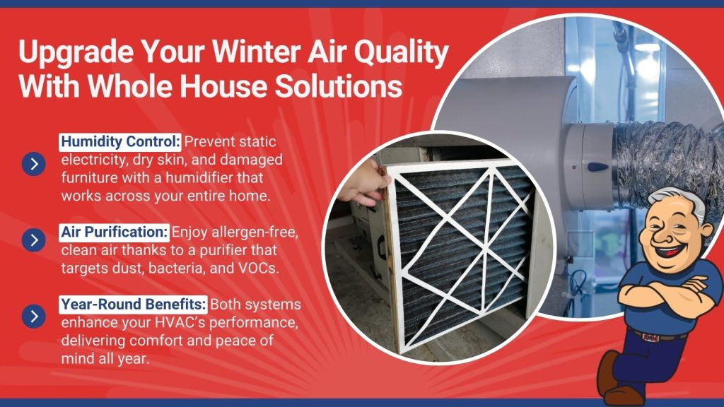 This is an image of a humidifier and a HEPA filtration system for a home. The headline reads; Upgrade your winter air quality with whole house solutions. 