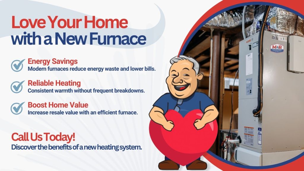 This is an image of a new furnace. The M&R mascot is overlaid on the furnace image. The headline reads; Love your home with a new furnace.